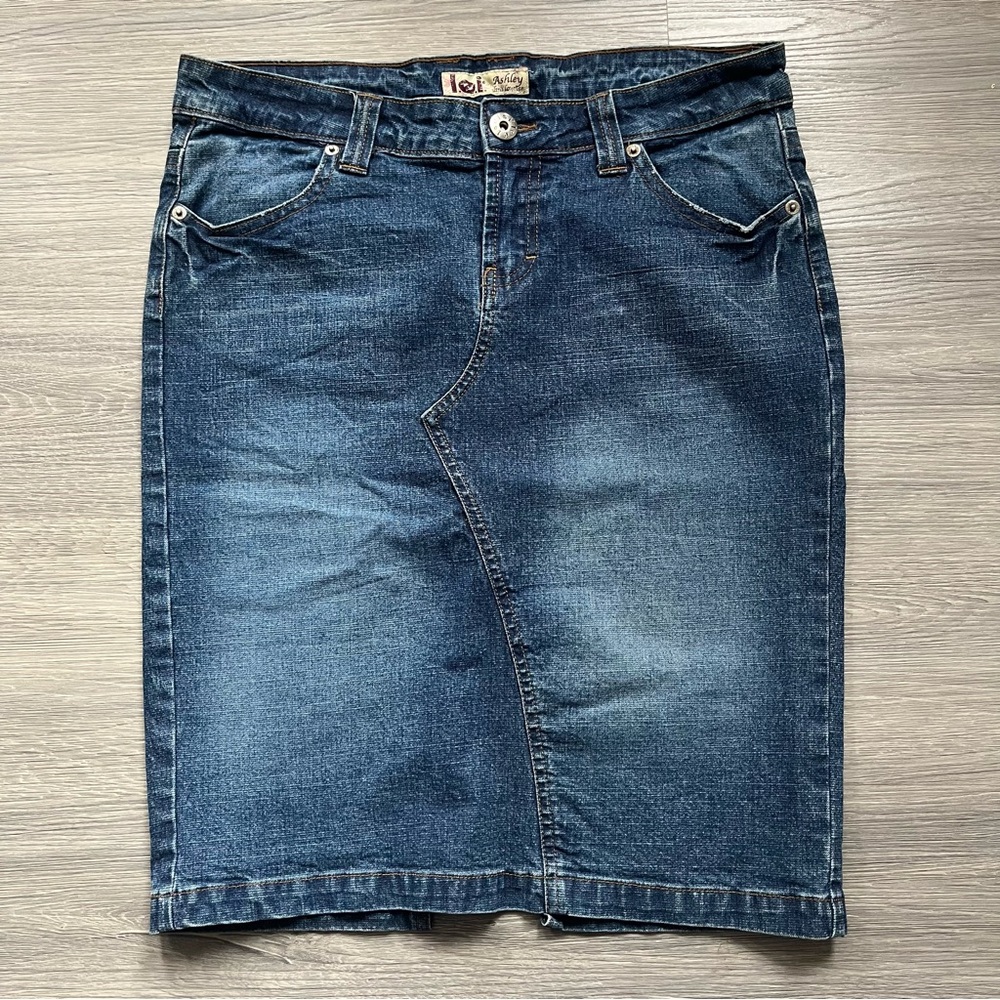 Y2K LEI Denim Low Rise Pencil Midi Skirt Dark Blue Faded